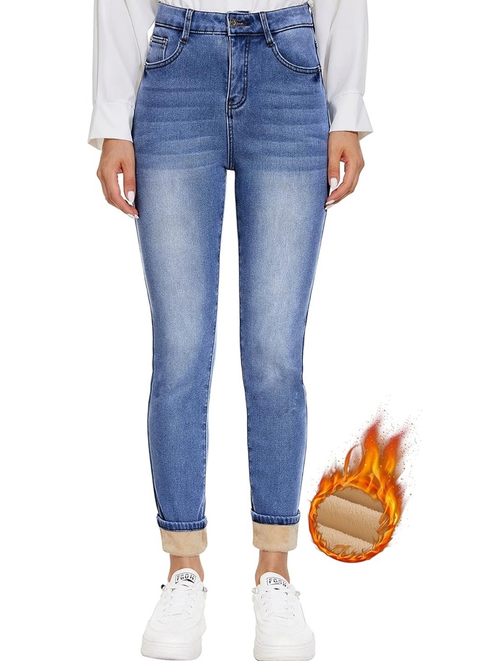 Bisual Women’s Fleece Lined High Rise Skinny Jeans Blue Cuffed Thermal Winter